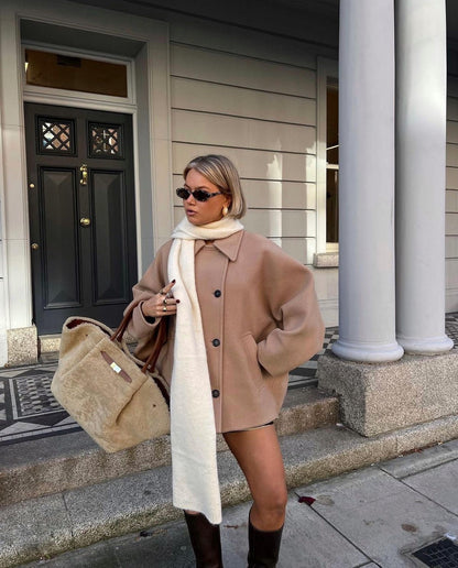 Dames Oversized Jas – Wolmix – Dubbelrijig – Boxy Fit – Klassieke Reverskraag
