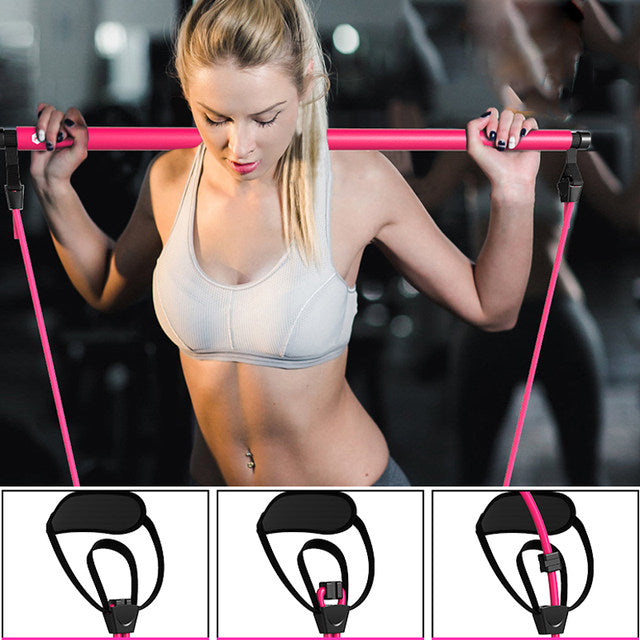 Pink Pilates Bar with Resistance Bands – Compact Fitness Stick for Full-Body Workout at Home