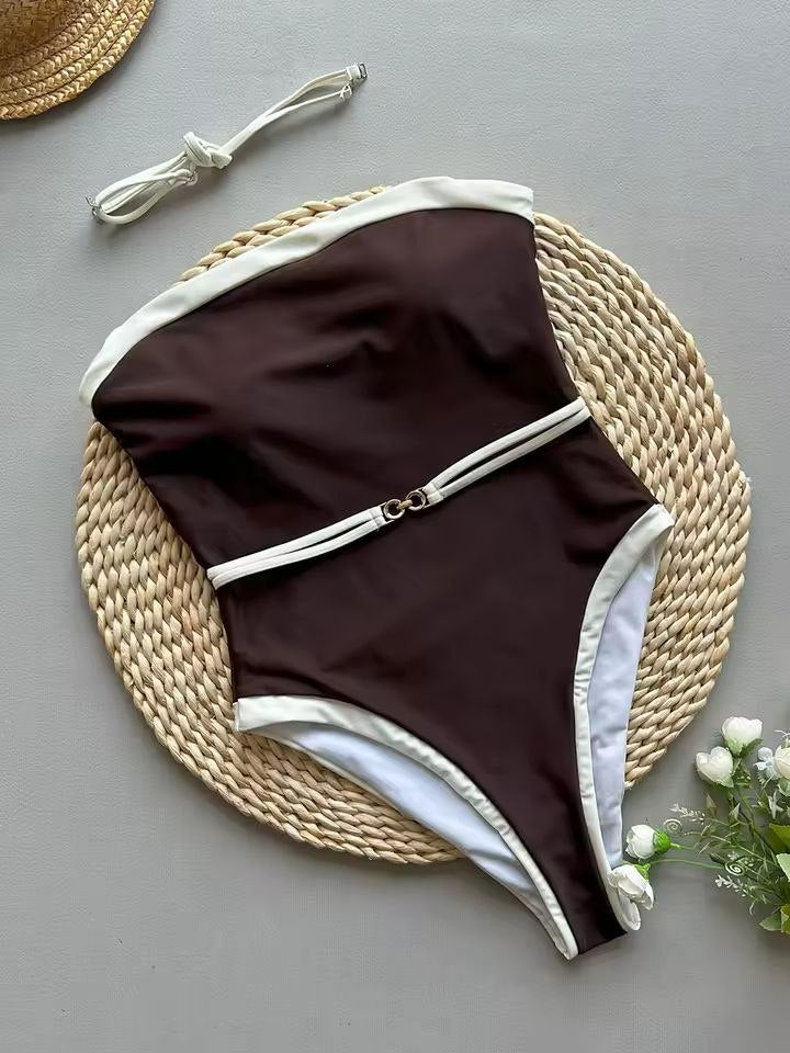 Coconelle Badpak - Donkerbruin Strapless met Witte Accenten │ Becker's Amsterdam