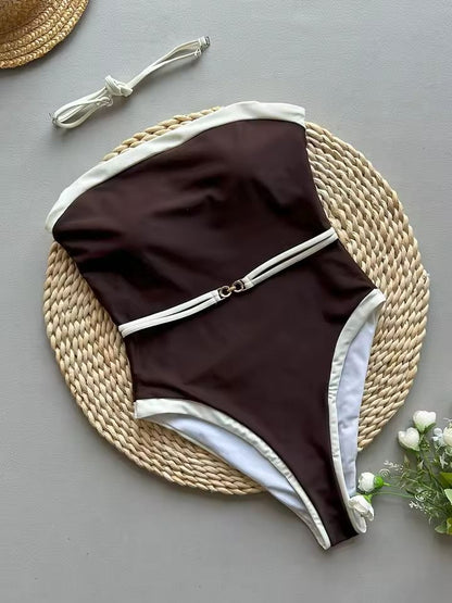 Coconelle Badpak - Donkerbruin Strapless met Witte Accenten │ Becker's Amsterdam