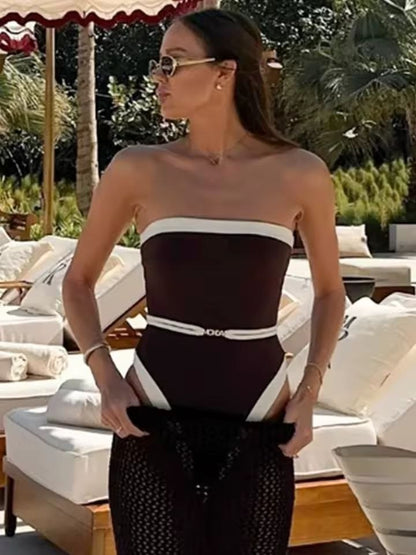 Coconelle Badpak - Donkerbruin Strapless met Witte Accenten │ Becker's Amsterdam