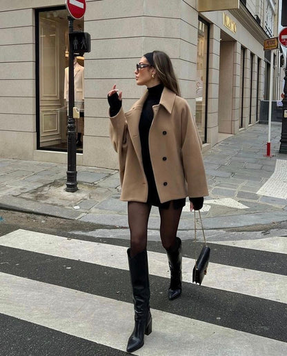 Dames Oversized Jas – Wolmix – Dubbelrijig – Boxy Fit – Klassieke Reverskraag