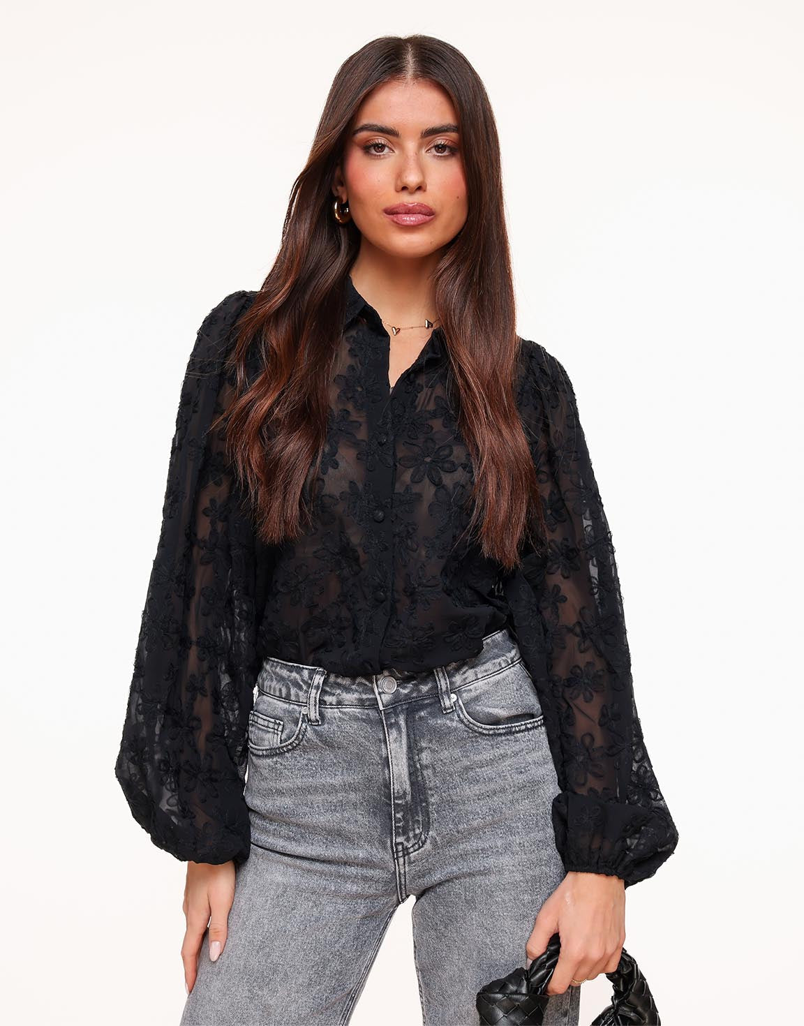 Vianne Floral Sheer Blouse | Women's Transparent Black Blouse – Floral Pattern, Elegant &amp; Chic