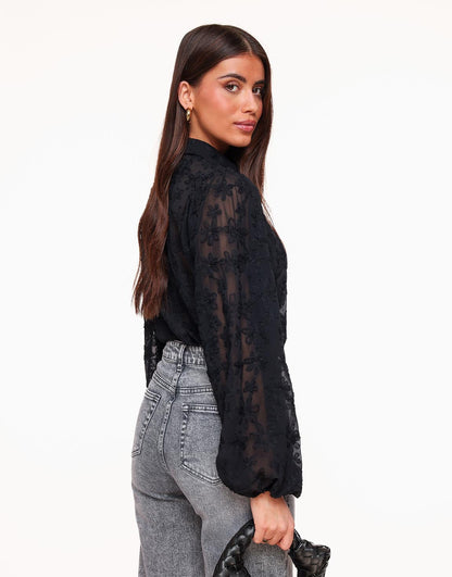 Vianne Floral Sheer Blouse | Women's Transparent Black Blouse – Floral Pattern, Elegant &amp; Chic
