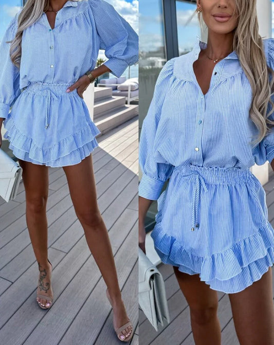Light Blue Shirt Skirt Dinner Date Set Light Blue Striped
