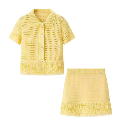 Lyna gele crochet co-ord set met top, minirok en franjes voor een elegante zomerse resort look van Becker's Amsterdam