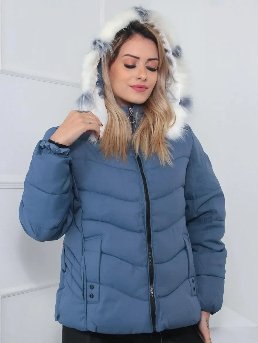 Eliane Wattierter, warmer Wintermantel – Luxuriöser Damenmantel mit Kapuze und Pelzbesatz