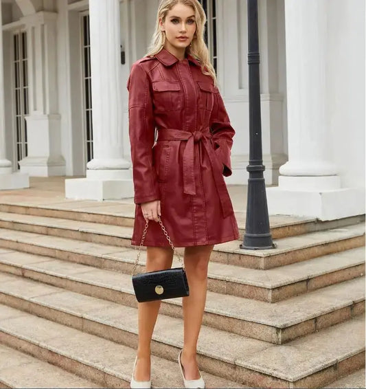 Noelle vegan leather trench coat – ženski trenč od veganske kože, elegantan i bezvremenski, pogled sprijeda