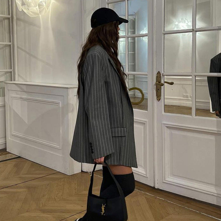 Vera Grey Two-Piece Set – Gray Striped Blazer &amp; Skirt for Women | Trendy &amp; Professional