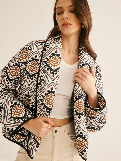 Oversized quilted jacket dames met kleurrijke boho print – warme gewatteerde jas