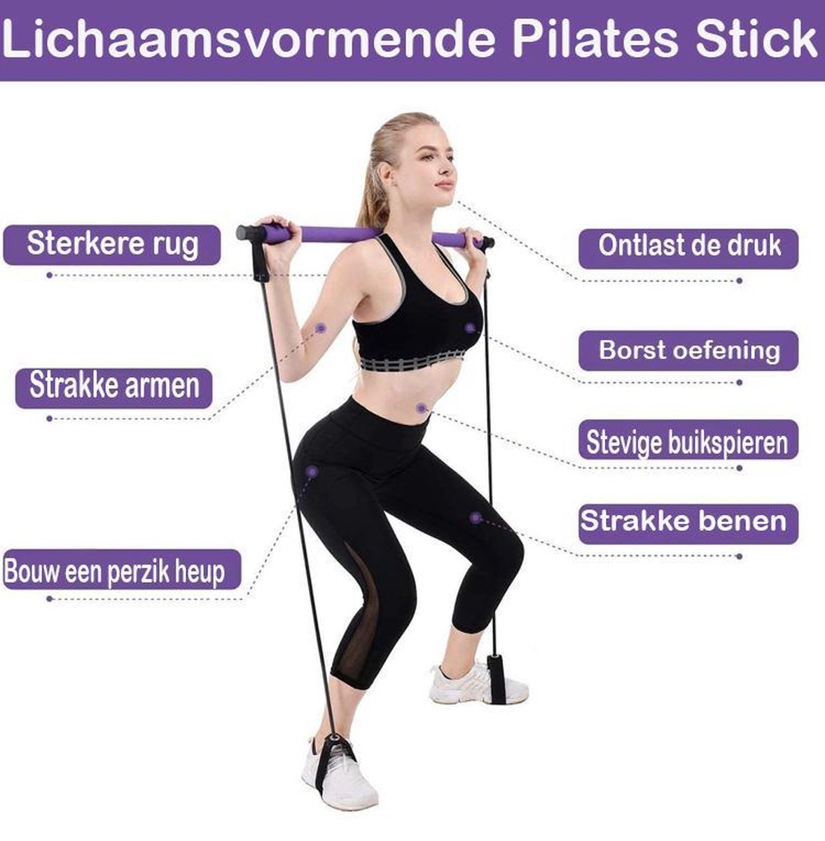 Paarse Pilates stick met weerstandsbanden voor thuisworkouts