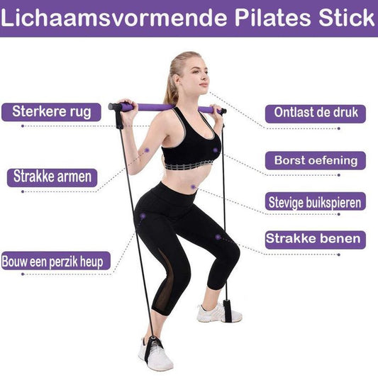 Paarse Pilates stick met weerstandsbanden voor thuisworkouts