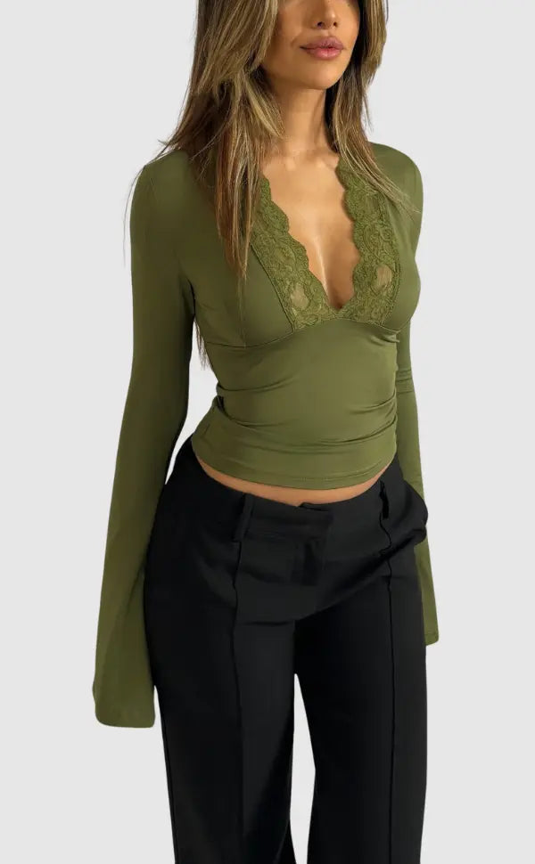 Roxana Lace Luxe – Elegant Langarm T-shirt met Kant voor Dames