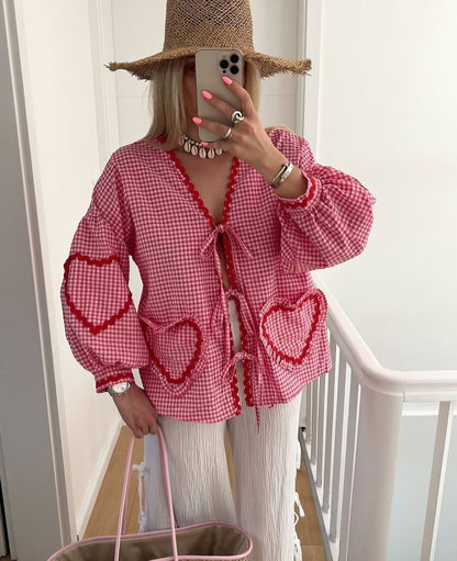 MARINA GINGHAM TIE BLOSSE - Blusa con puffleeves e chiusura Strik per | Becker Amsterdam