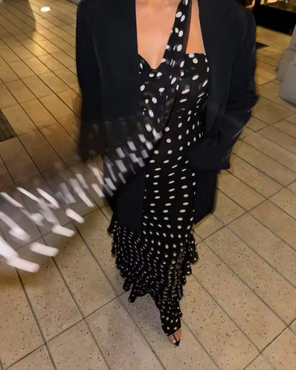 Lydia Maxi Jurk - Zwart met Witte Polkadots en Sjaaldetail │ Becker's Amsterdam