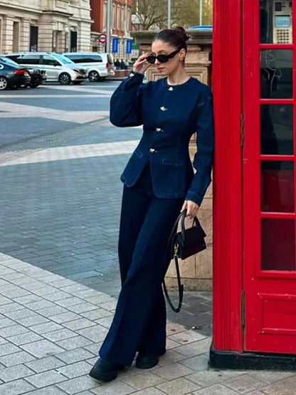 Sorena Denim Twin Set | Dames Denim Set – Taillierte Jeansjack & High-Waist Wide-Leg Broek