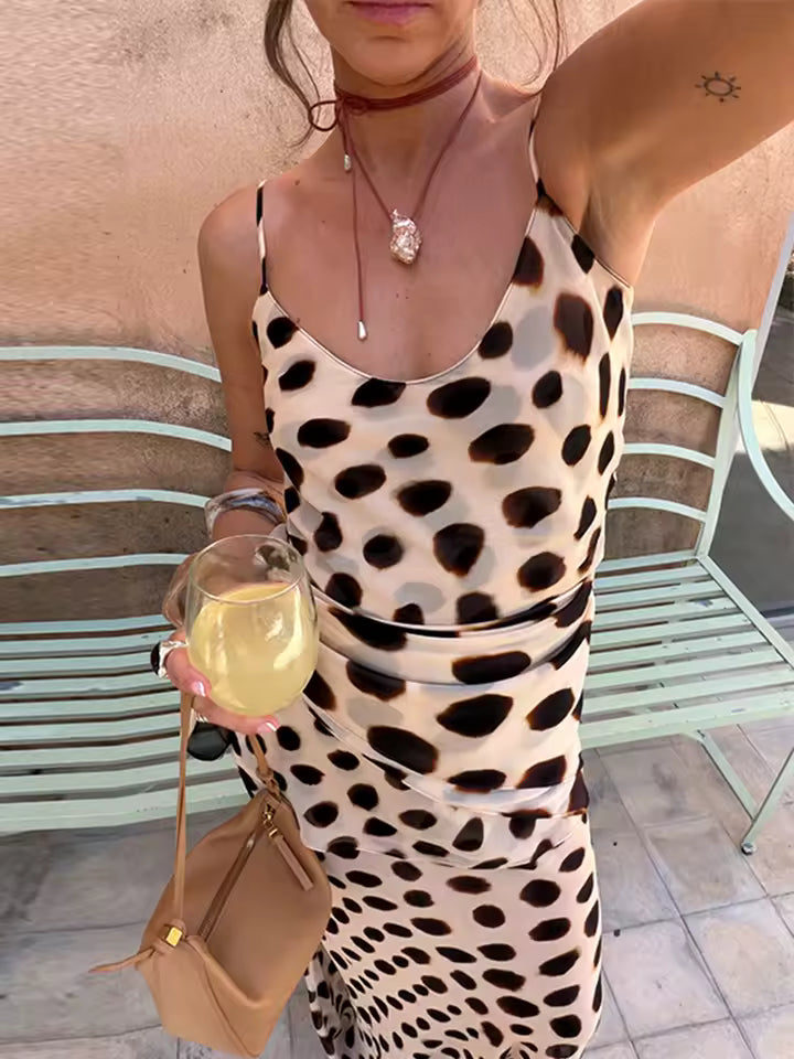 Mary Maxi Jurk — Beige met Zwarte Dierenprint en Strikdetail │ Becker's Amsterdam