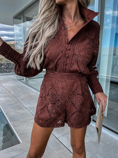 Dames Kanten Set – Blouse met Lange Mouwen – Hoge Taille Shorts – Elegant en Luchtig