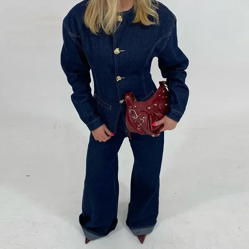 Sorena Denim Twin Set | Dames Denim Set – Taillierte Jeansjack & High-Waist Wide-Leg Broek