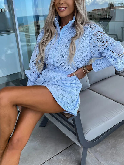 Dames Kanten Set – Blouse met Lange Mouwen – Hoge Taille Shorts – Elegant en Luchtig