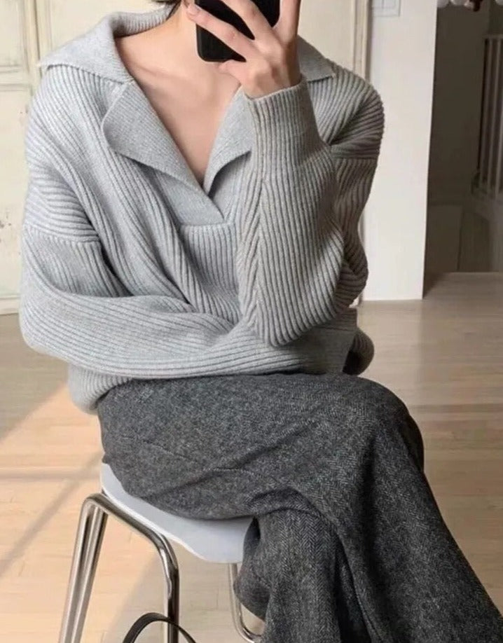 Velora Rib Sweater – Dames Oversized V-Hals Winter Trui – Cozy & Warm