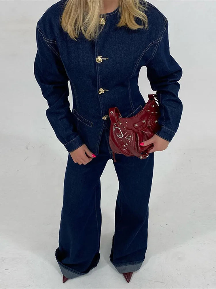 Sorena Denim Twin Set | Dames Denim Set – Taillierte Jeansjack & High-Waist Wide-Leg Broek