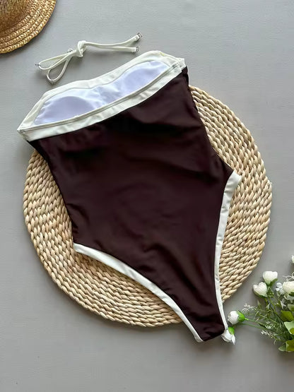 Coconelle Badpak - Donkerbruin Strapless met Witte Accenten │ Becker's Amsterdam