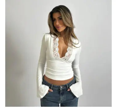 Roxana Lace Luxe – Elegant Langarm T-shirt met Kant voor Dames