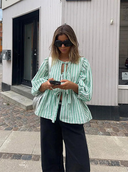 Marisol Stripe Puff Blouse - striped blouse with puffed sleeves & loose fit | Becker’s Amsterdam