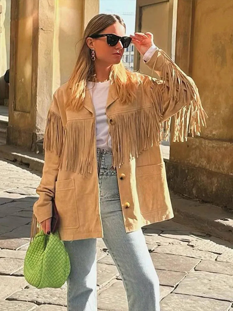 Canyon Fringe Suede Coat – boho-chic damesjas van suède met franje langs mouwen en rug