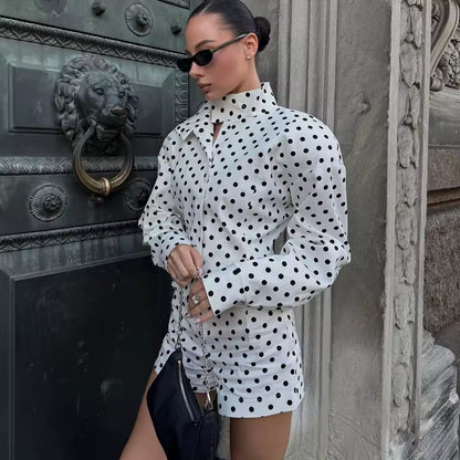 Polka Chic Dottie Co-ord Set™ – dames polka dot jasje en rok wit met zwarte stippen