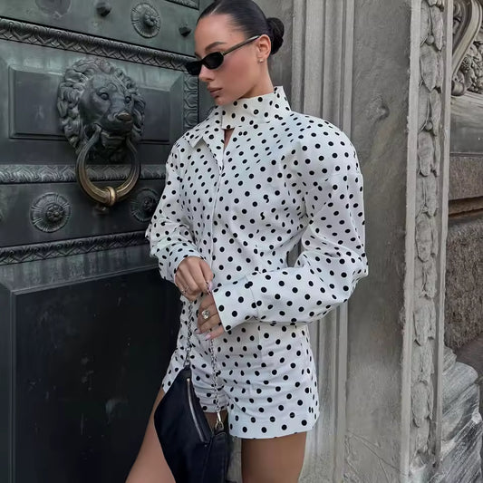 Polka Chic Dottie Co-ord Set™ – dames polka dot jasje en rok wit met zwarte stippen
