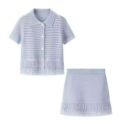 Lyna lichtblauwe crochet co-ord set met top, minirok en franjes voor een elegante zomerse resort look van Becker's Amsterdam