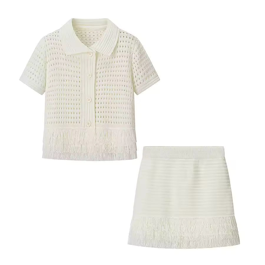 Lyna witte crochet co-ord set met top, minirok en franjes voor een elegante zomerse resort look van Becker's Amsterdam