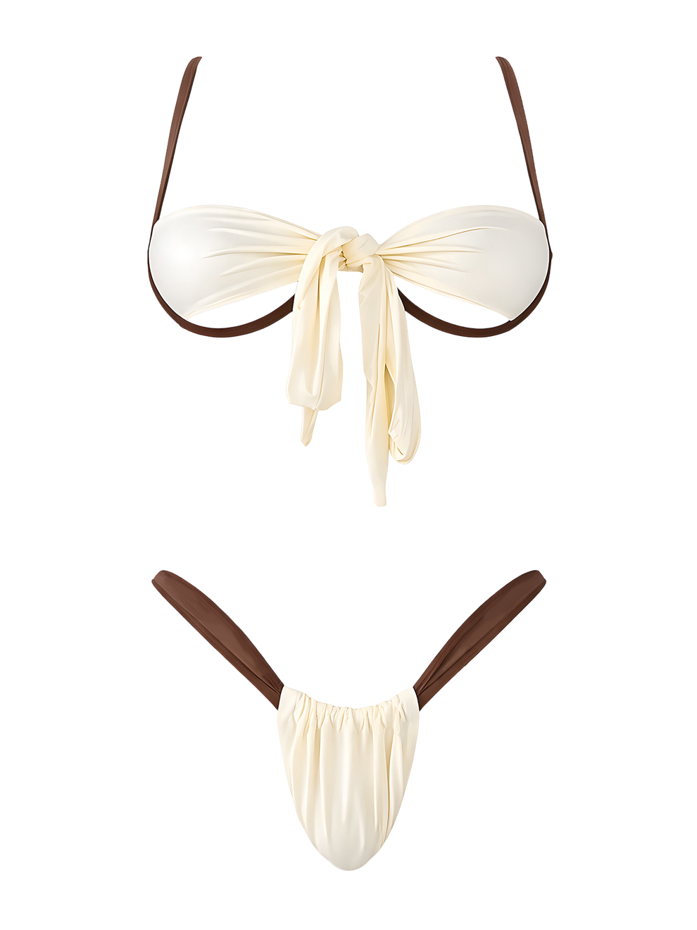 Nala krem ​​bikini set sa smeđim kontrastnim detaljima, senzualnim bandeau gornjim dijelom i visokim izrezanim donjim dijelom bikinija iz Becker's Amsterdam