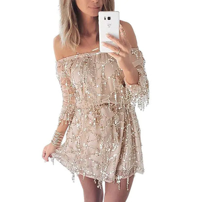 Zanzibar Pailletten Dress - One -Shoulder short party dress with fringes | Becker’s Amsterdam