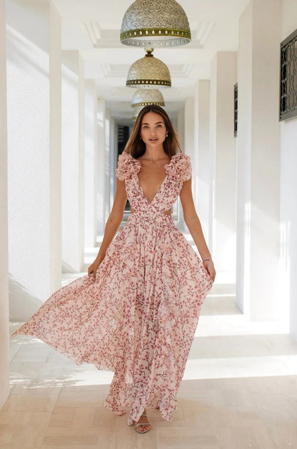 Vestido V -maxi de Flora Ruffle -Vestido máximo con mangas largas, V -neck & Flower estampado | Amsterdam de Becker