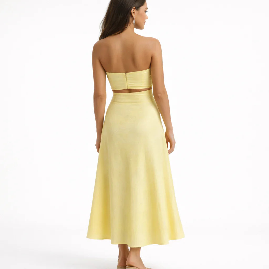 Rochie Maxi Liora Galbenă – Aspect de vară elegant cu umeri | Amsterdamul lui Becker