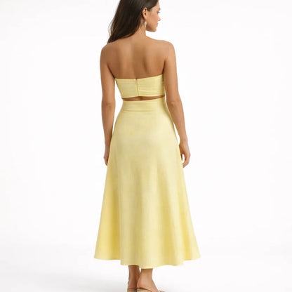 Rochie Maxi Liora Galbenă – Aspect de vară elegant cu umeri | Amsterdamul lui Becker