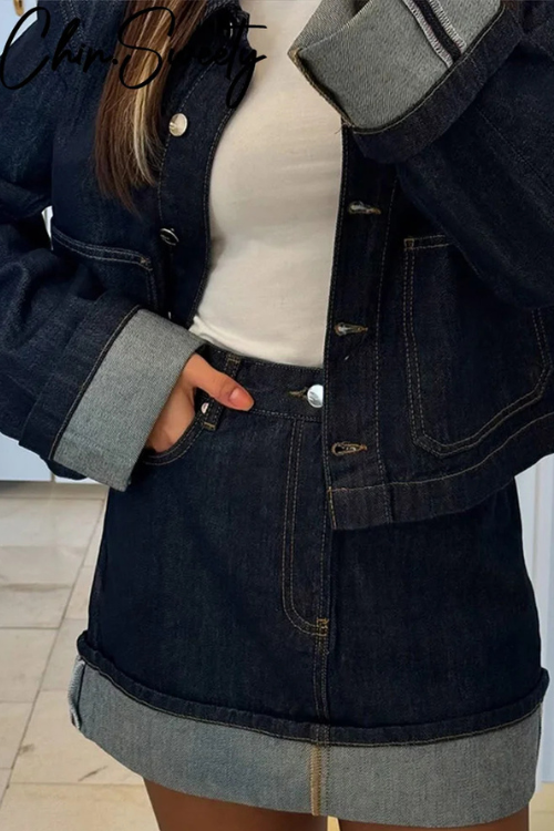 Zestaw Cleo Denim | Damski zestaw dżinsowy – krótka kurtka dżinsowa i mini spódniczka z wysokim stanem