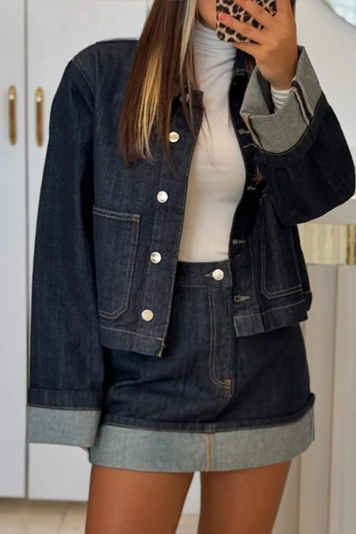 Zestaw Cleo Denim | Damski zestaw dżinsowy – krótka kurtka dżinsowa i mini spódniczka z wysokim stanem