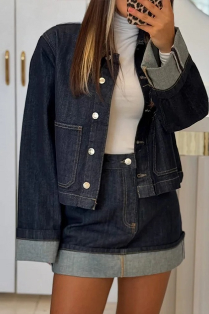 Zestaw Cleo Denim | Damski zestaw dżinsowy – krótka kurtka dżinsowa i mini spódniczka z wysokim stanem