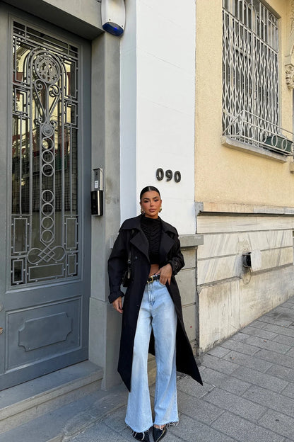Langer schwarzer Trenchcoat – Klassisches und elegantes Design | Zeitloser Damenmantel