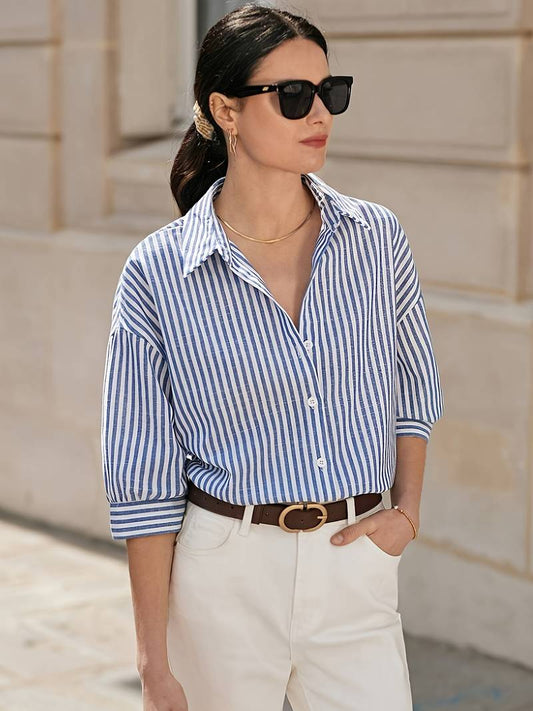 Elegantna ženska bluza na pruge širokog kroja