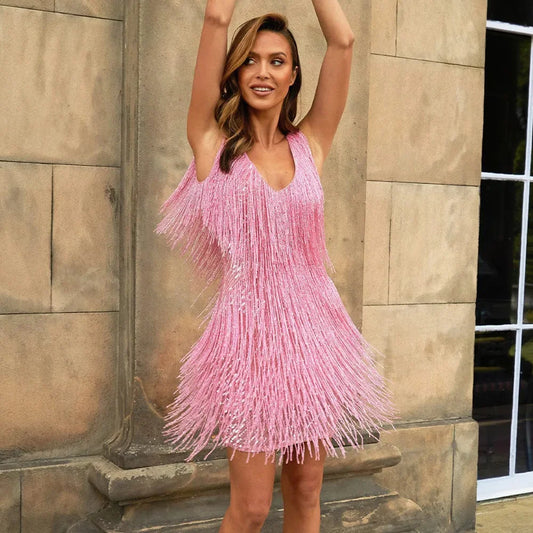 Robe de cocktail de luxe Zafira avec franges et détails en plumes, robe de soirée glamour élégante pour femme de Becker's Amsterdam